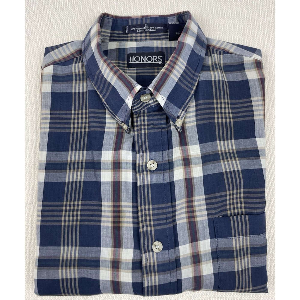 Honors Short‎ Sleeve Men's Shirt Blue Plaid Preppy Casual Minimalist Size Large
